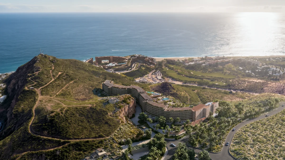 Aerial render of DUNNA on the hillside above the Sea of Cort&eacute;s, San Jos&eacute; del Cabo